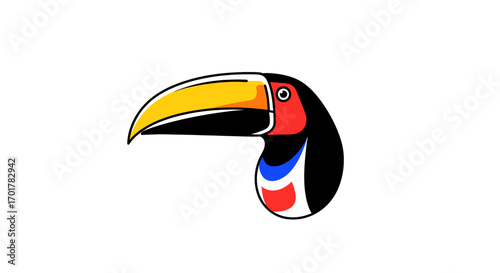 Colorful Toucan Bird Head with Large Yellow Beak and Vibrant Plumage.