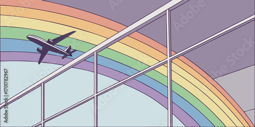 Airplane soaring through a vibrant rainbow arch seen through modern architectural windows offering a hopeful journey and bright future.