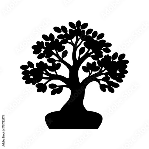 Silhouette of a stylized bonsai tree with detailed leaves and branching structure