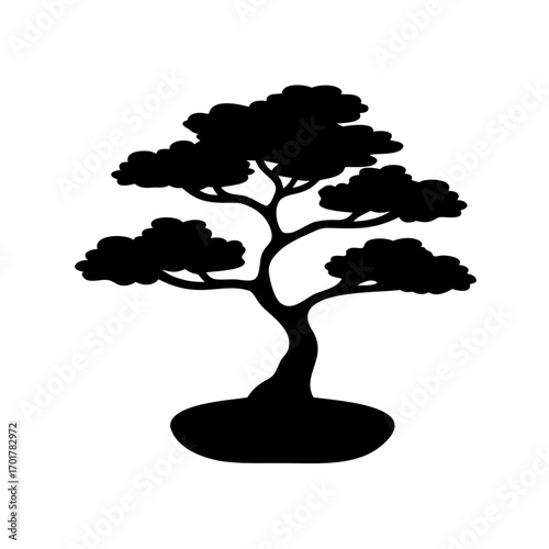Elegant and serene stylized black bonsai tree silhouette on a white background