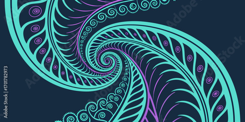 Captivating abstract spiral pattern in vibrant teal and purple hues draws the eye inward creating a mesmerizing visual journey perfect for modern design projects and digital art.
