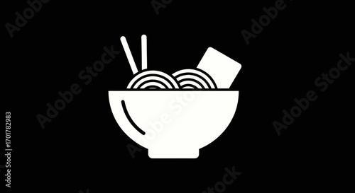 Simple white ramen bowl icon with chopsticks and nori on black background.