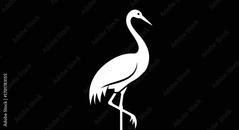 Fototapeta premium Elegant white crane bird silhouette on black.