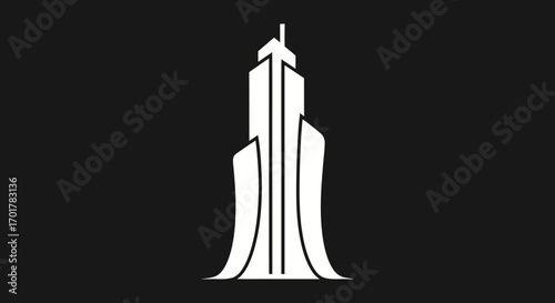 Stylized White Skyscraper Silhouette on Black Background.