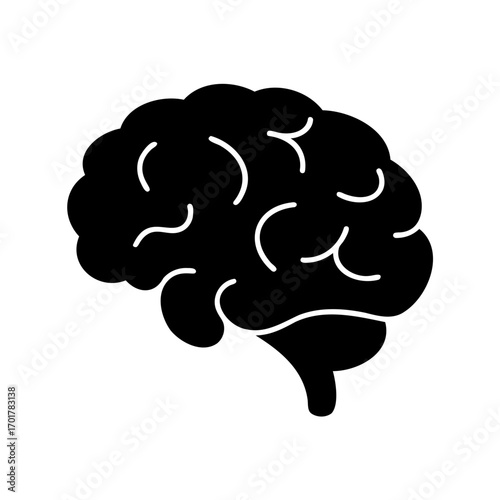 Stylized black and white illustration of a human brain with intricate details