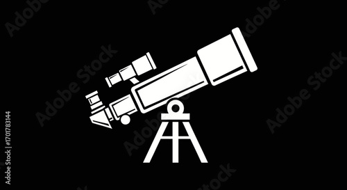 Simple white icon of a telescope on a tripod for astronomy.