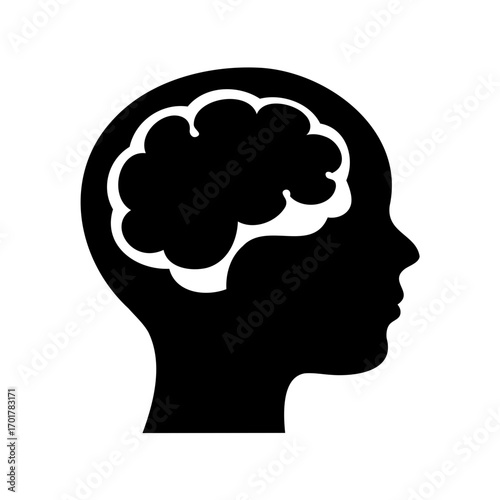 Silhouette of a human head profile with brain inside, symbolizing thoughts and intelligence