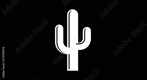 White saguaro cactus silhouette isolated on black background.