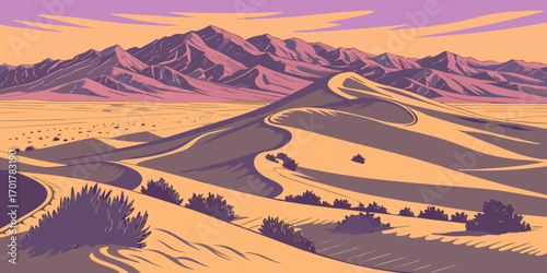 Vibrant desert landscape unfolds with rolling sand dunes, distant majestic mountains, and sparse, hardy desert flora under a dramatic sky, evoking adventure and natural wonder.