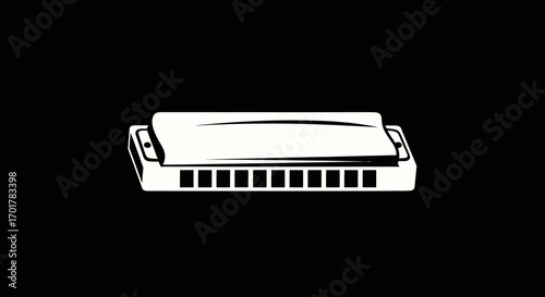 Simple illustration of a harmonica musical instrument wind instrument portable instrument hand held instrument black and white image.