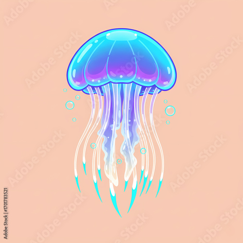 Vibrant neon jellyfish illustration with glowing tentacles on a soft pastel background, a fantasy sea creature design