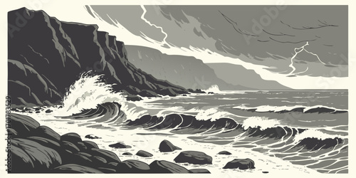 Dramatic coastal storm with crashing waves against rugged cliffs under a lightning-streaked sky, evoking raw natural power and untamed elements for powerful visual storytelling.