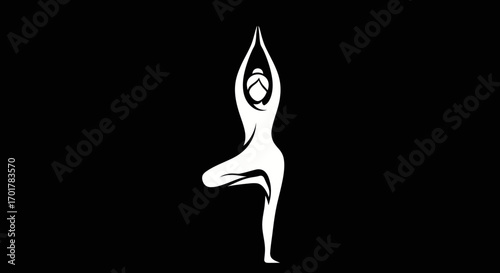 Elegant yoga pose silhouette against black background representing balance and serenity.