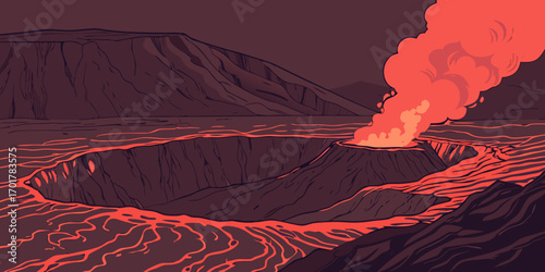 Dynamic volcanic eruption spews fiery lava and ash clouds across a dramatic, rugged landscape showcasing earth's raw power and primal energy