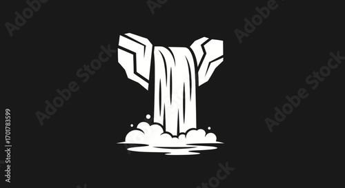 Monochrome Waterfall Illustration with Rocks and Water.