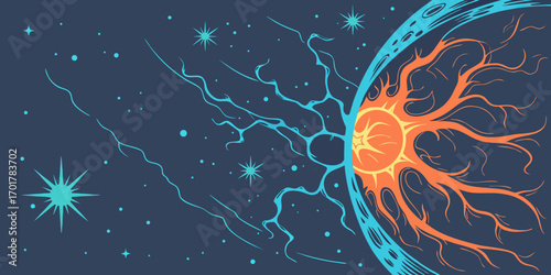 Vibrant cosmic sun with energetic solar flares radiating outwards into a starry expanse, symbolizing power, creation, and the vastness of the universe.