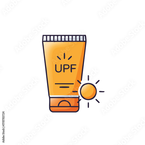This vibrant icon illustrates a tube of UPF sunscreen alongside a bright sun, symbolizing essential skin protection during outdoor activities and sunny weather.
