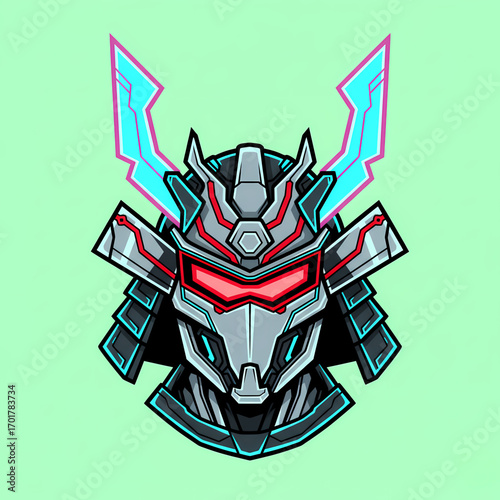 Cyberpunk Samurai Helmet Illustration with Neon Accents