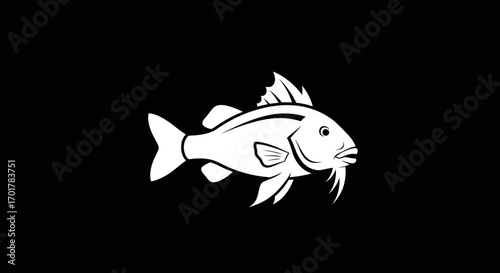 Simple white silhouette of a fish with whiskers.