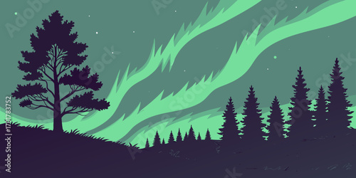 Captivating aurora borealis dances above a serene pine forest silhouette, illuminating a lone tree on a grassy hill under a starry night sky, evoking wonder and natural beauty for your next project.