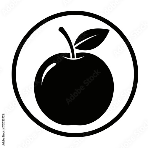 Vector art of a simple black silhouette of a ripe apple with a leaf, enclosed within a circle, representing healthy eating, food, and natural produce