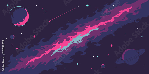 Vibrant cosmic nebula with planets and shooting stars paints a mesmerizing celestial scene, perfect for sci-fi projects and futuristic themes