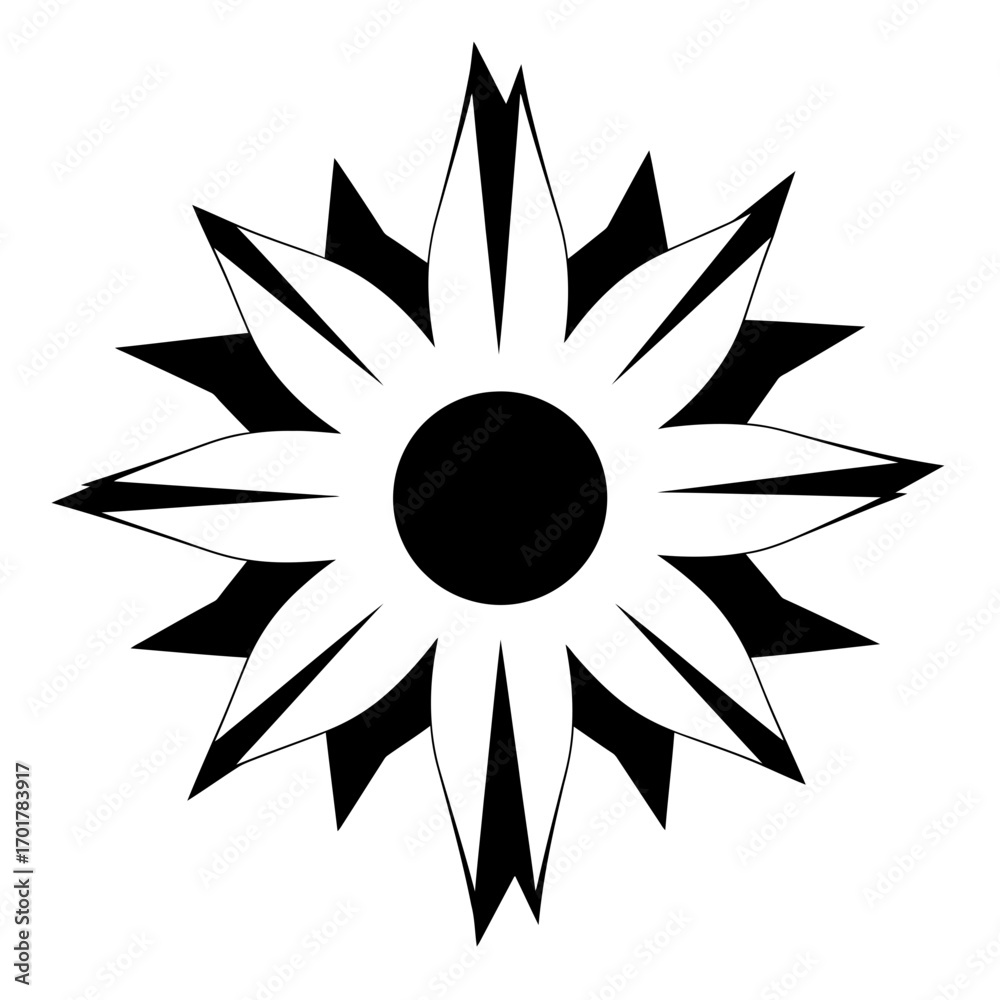 Obraz premium Vector art of a stylized black and white graphic of a starburst or flower with sharp, pointed petals, symbolizing energy, power, or a radiant design element