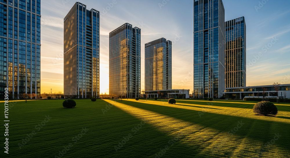 Fototapeta premium A stunning cityscape at sunset, featuring a cluster of modern glass skyscrapers with long shadows stretching across a perfectly manicured green lawn