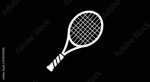 Simple white tennis racket graphic on a black background.
