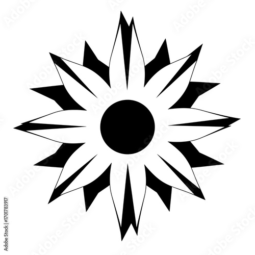 Vector art of a stylized black and white graphic of a starburst or flower with sharp, pointed petals, symbolizing energy, power, or a radiant design element