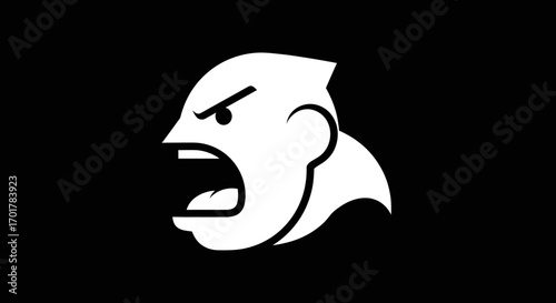 Angry face icon with open mouth and sharp eyes black background.
