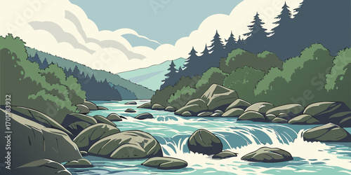 Serene mountain river flows through lush forest with dramatic clouds and rugged rocks, evoking peace and natural beauty for outdoor adventures and tranquil scenes.
