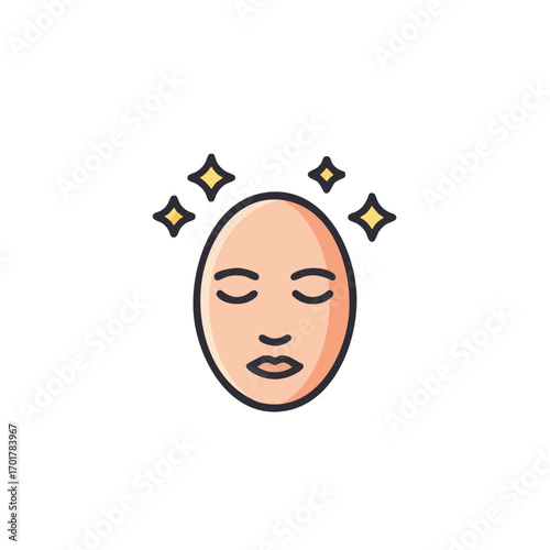 A serene, glowing human face icon with closed eyes and sparkling stars, representing beauty, skincare, and a refreshing spa treatment experience.
