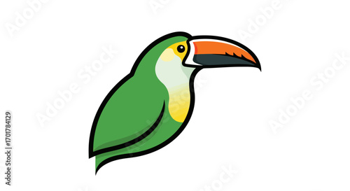 Colorful toucan illustration vibrant green body orange beak profile view cartoon style.