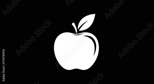 Stylized white apple fruit with a single leaf on a black background.