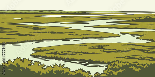 Serene marshland landscape with winding river channels and lush vegetation creating a peaceful natural panorama, perfect for environmental themes and outdoor adventures