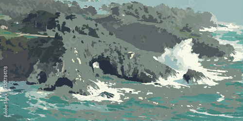 Dramatic ocean waves crash against rugged coastal cliffs with lush green trees atop in a stylized artistic rendering capturing nature's raw power and beauty