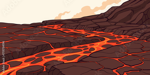 Vibrant molten lava river flows through cracked volcanic rock landscape under a hazy sky, conveying raw power and dynamic natural forces.