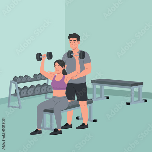 flat vector of character as fitness personal trainer instructor with client at gym