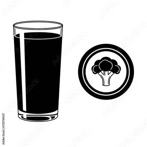 Vector art of a tall glass filled with dark liquid, next to a circular icon of a broccoli floret, symbolizing healthy drinks and nutrition