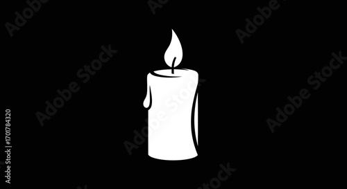 Single white candle with a flickering flame casting a warm glow in the darkness.