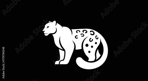 Elegant white snow leopard graphic illustration on black background.