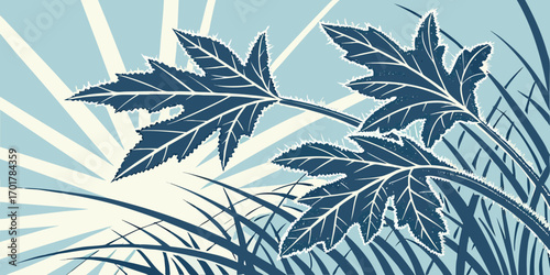 Elegant deep blue leaves with frosty edges unfold against a backdrop of radiating light and flowing grass, evoking a serene natural beauty and a crisp, refreshing atmosphere for your designs.