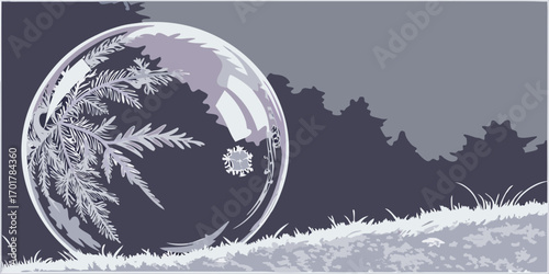 Captivating close-up of a delicate frosted bubble reflecting intricate pine branches against a moody, stylized landscape, evoking winter's ephemeral beauty and natural wonder.