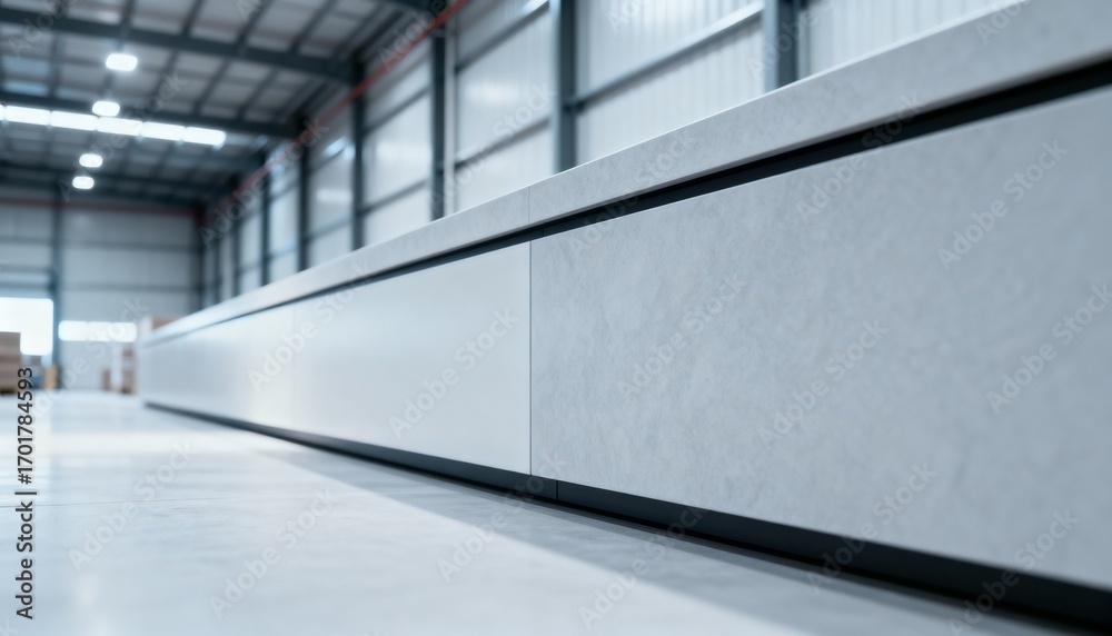 Fototapeta premium Modern Industrial Workspace with Sleek Design and Concrete Accents in a Spacious Warehouse Environment