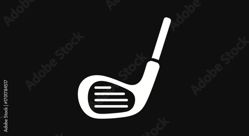 Simple white silhouette icon of a golf driver club.
