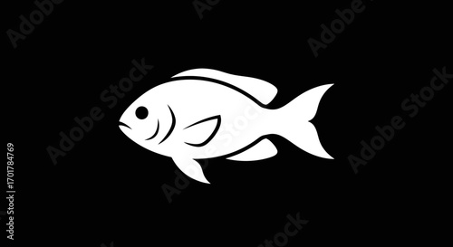 Simple white fish silhouette graphic illustration on black background.