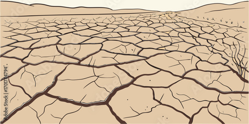 Vast, cracked dry earth landscape stretching towards distant hazy hills under a pale sky, symbolizing drought and arid conditions, perfect for environmental themes.