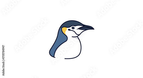 Minimalist stylized penguin head illustration with blue and yellow accents on white background.