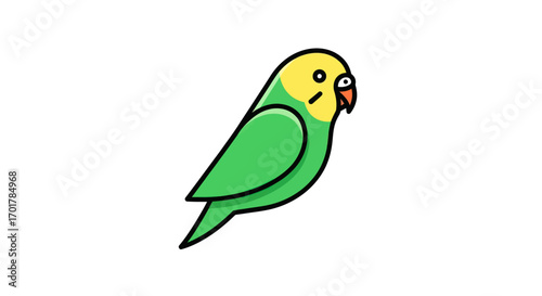 A simple cartoon illustration of a cute green and yellow budgie bird sitting and looking to the side.